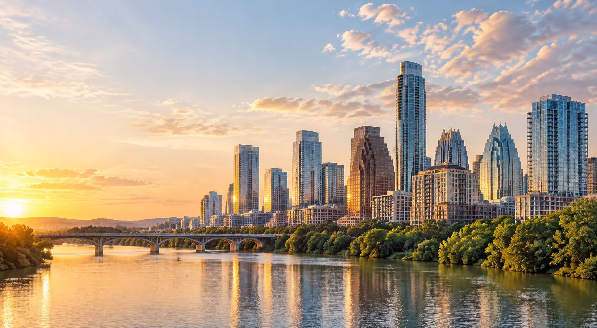 Austin skyline across Lady Bird Lake at sunset